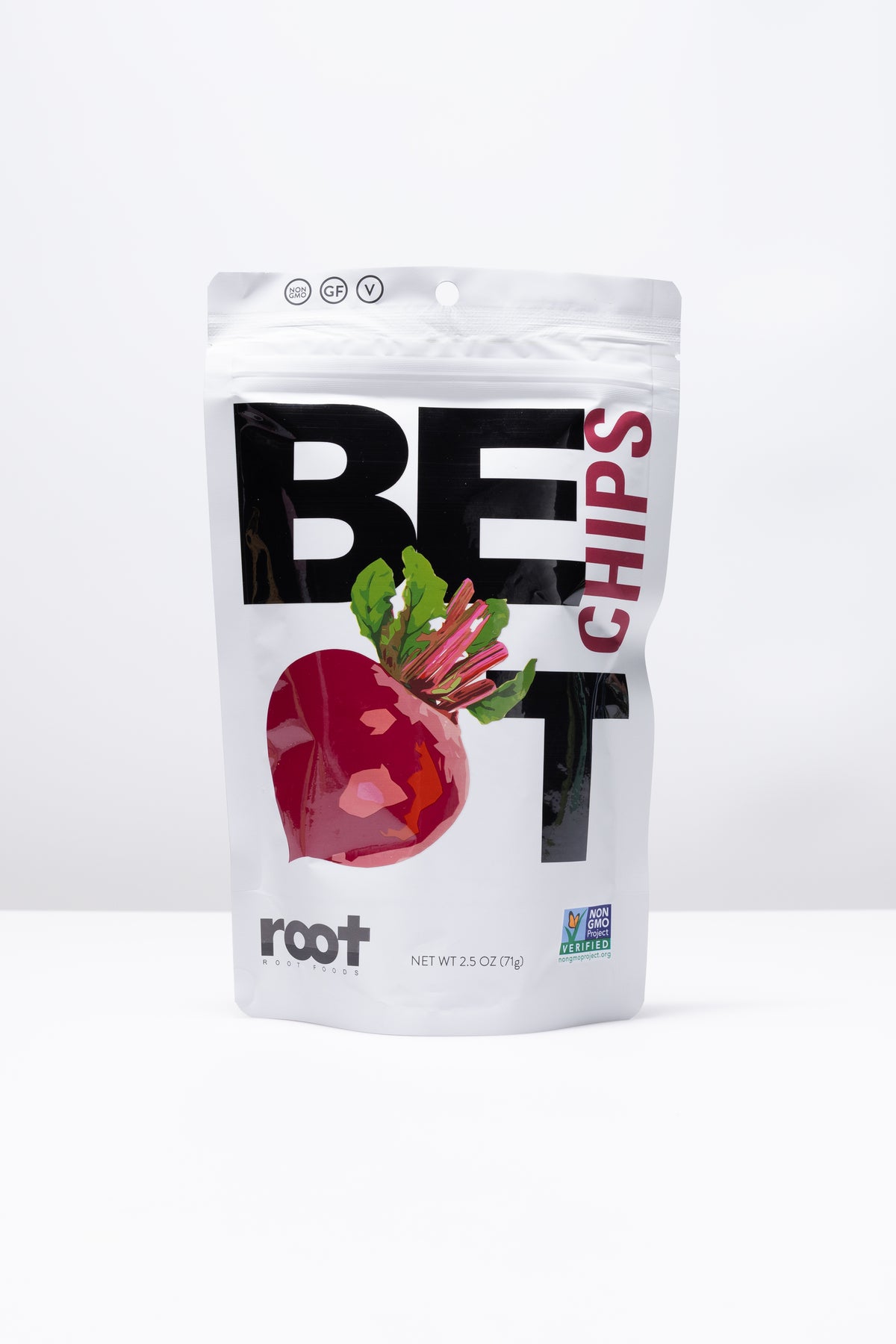 light grey bag of Root Foods beet chips with large black letters and an illustrated beet
