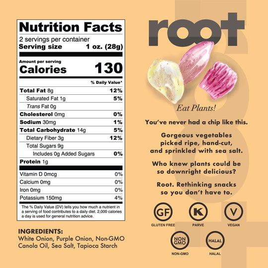Root Foods Onion Chips Veggie Snack nutrition facts and backside of packaging