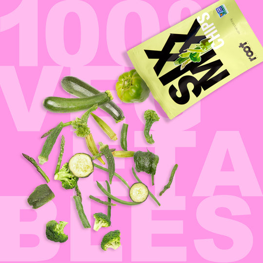 Root Foods Veggie Variety Chip Snack with 100% vegetables including broccoli, okra, asparagus, green beans, zucchini, and bell peppers