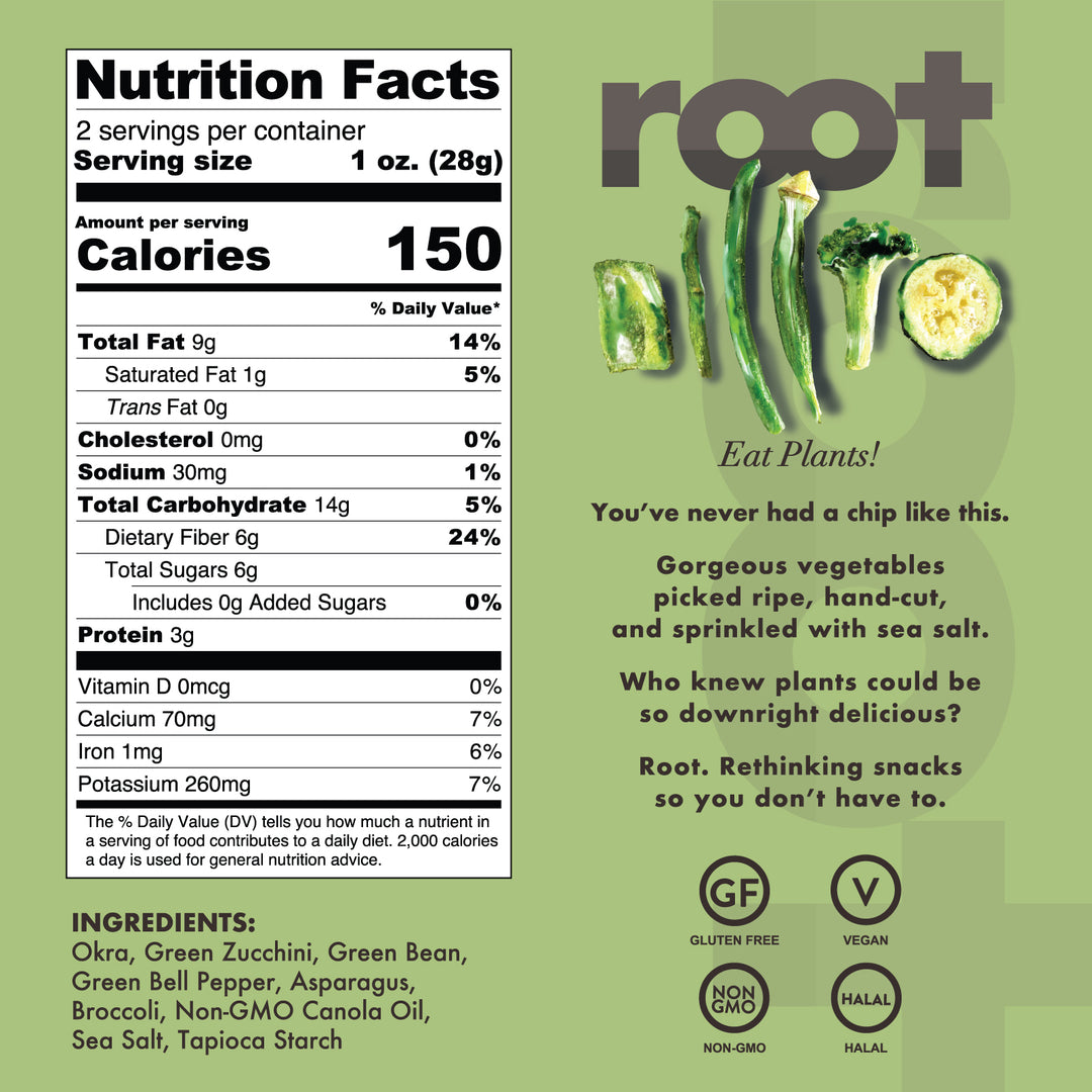 Root Foods SixMix Chips Veggie Snack nutrition facts and backside of packaging