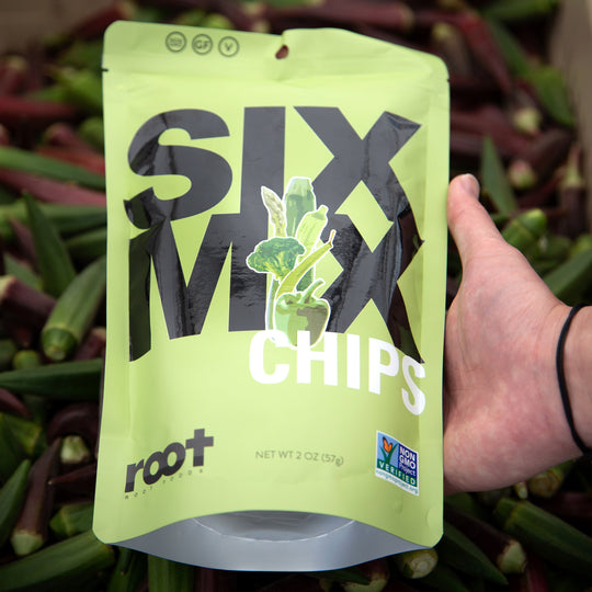 lifestyle image of someone holding a bag of Root Foods SixMix Chips bag