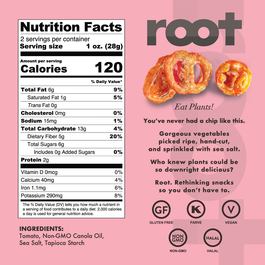 Root Foods Tomato Chips Veggie Snack nutrition facts and backside of packaging