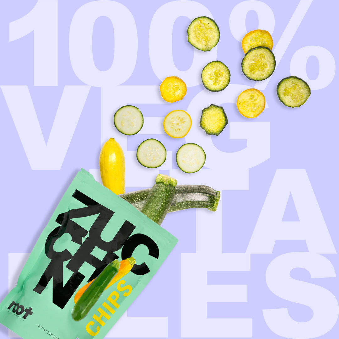 Graphic with Root Foods  Zucchini Chips bag with sliced Zucchini's