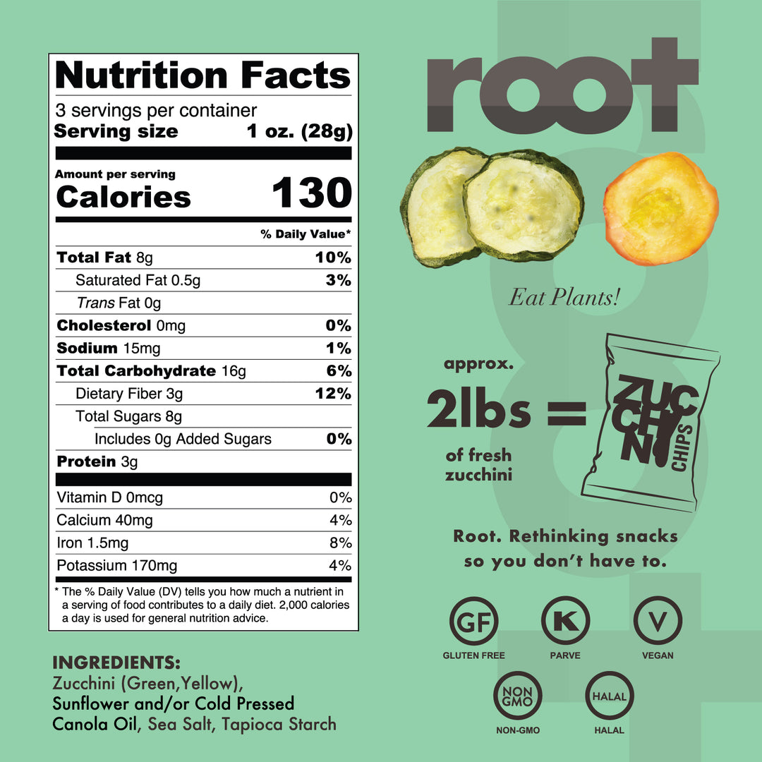 Root Foods Zucchini Chips Veggie Snack nutrition facts and backside of packaging