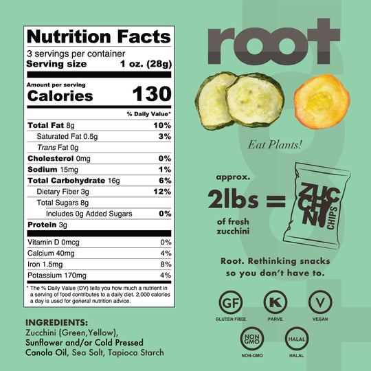 Root Foods Zucchini Chips Veggie Snack nutrition facts and backside of packaging